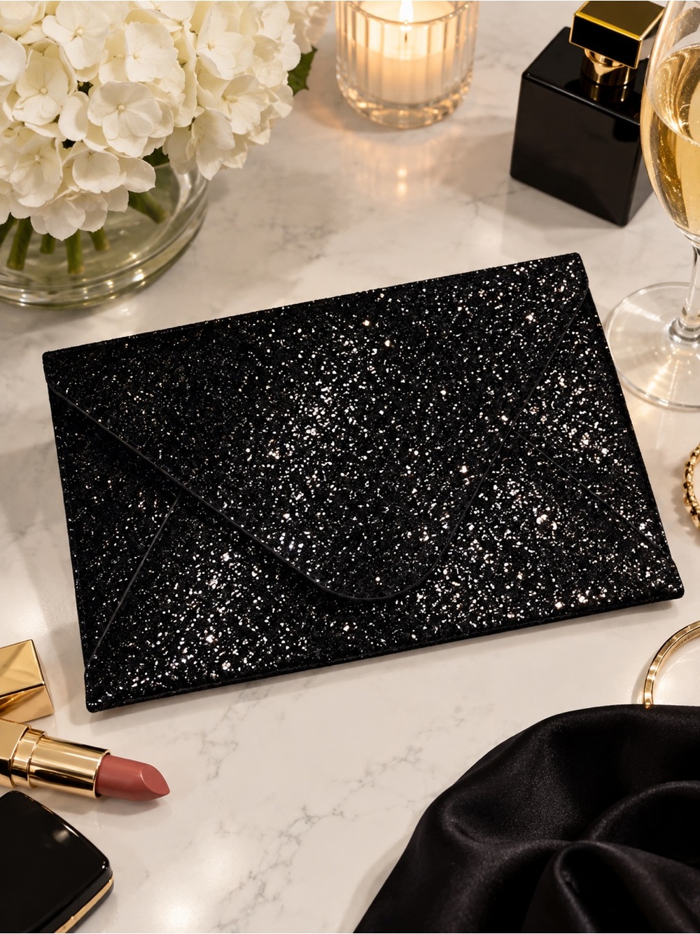 Mud Pie Black Glitter Sparkle Envelope Clutch Evening Bag